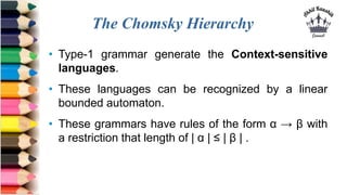 The Chomsky Hierarchy
• Type-1 grammar generate the Context-sensitive
languages.
• These languages can be recognized by a ...