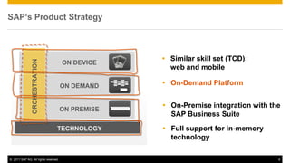 SAP‘s Product Strategy



                                                    Similar skill set (TCD):
                ORCHESTRATION



                                      ON DEVICE
                                                     web and mobile

                                      ON DEMAND     On-Demand Platform


                                                    On-Premise integration with the
                                      ON PREMISE
                                                     SAP Business Suite
                                 TECHNOLOGY         Full support for in-memory
                                                     technology

© 2011 SAP AG. All rights reserved.                                                6
 