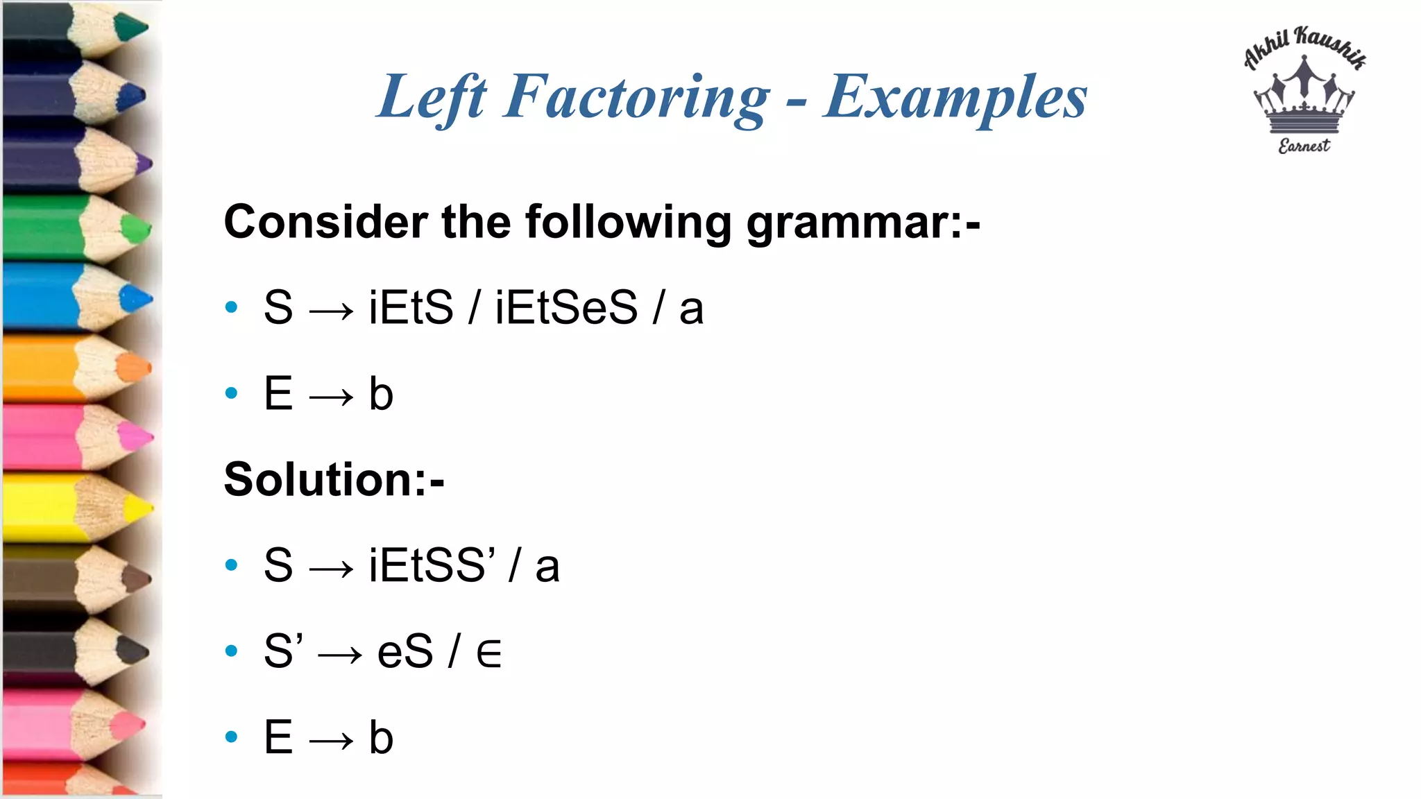 Left Factoring - Examples
Consider the following grammar:-
• S → iEtS / iEtSeS / a
• E → b
Solution:-
• S → iEtSS’ / a
• S’ → eS / ∈
• E → b
 