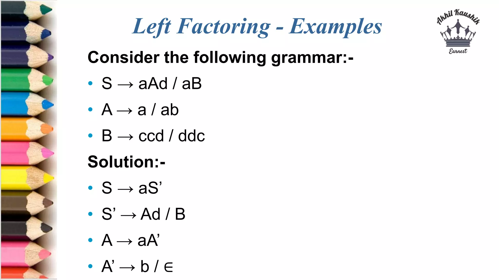 Left Factoring - Examples
Consider the following grammar:-
• S → aAd / aB
• A → a / ab
• B → ccd / ddc
Solution:-
• S → aS’
• S’ → Ad / B
• A → aA’
• A’ → b / ∈
 