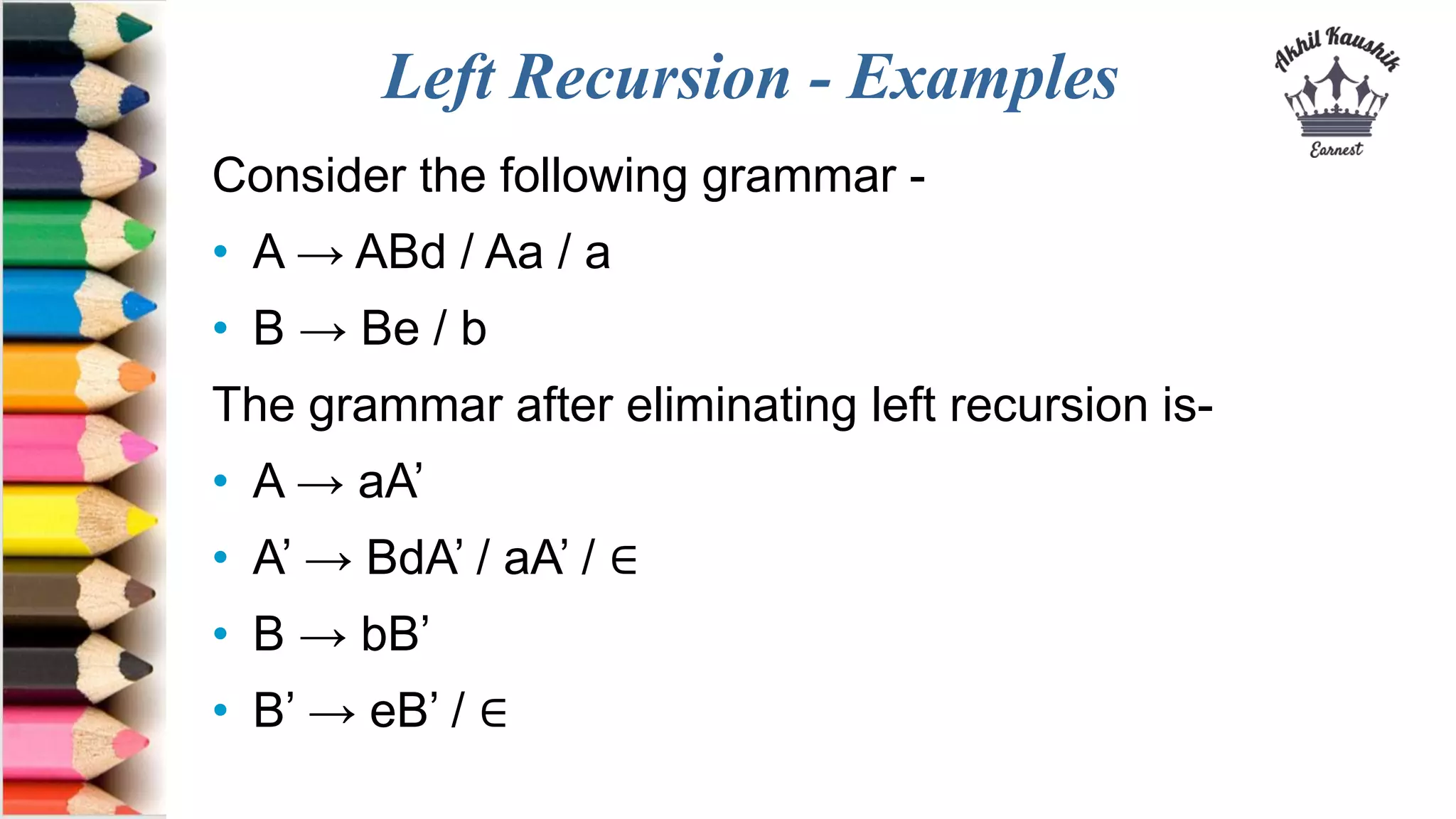 Left Recursion - Examples
Consider the following grammar -
• A → ABd / Aa / a
• B → Be / b
The grammar after eliminating left recursion is-
• A → aA’
• A’ → BdA’ / aA’ / ∈
• B → bB’
• B’ → eB’ / ∈
 