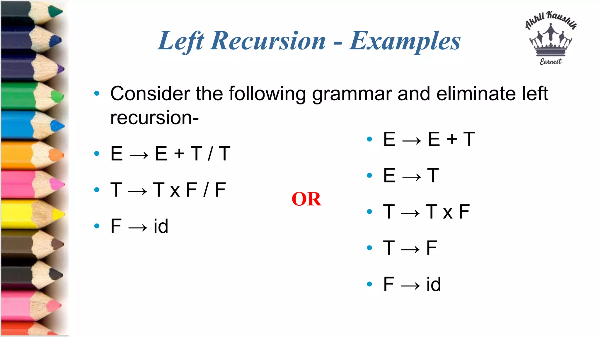 Left Recursion - Examples
• Consider the following grammar and eliminate left
recursion-
• E → E + T / T
• T → T x F / F
• F → id
• E → E + T
• E → T
• T → T x F
• T → F
• F → id
OR
 