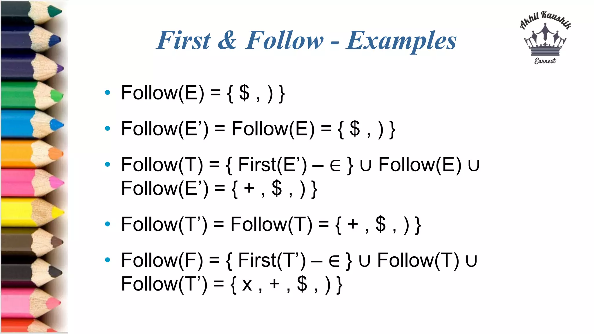 First & Follow - Examples
• Follow(E) = { $ , ) }
• Follow(E’) = Follow(E) = { $ , ) }
• Follow(T) = { First(E’) – ∈ } ∪ Follow(E) ∪
Follow(E’) = { + , $ , ) }
• Follow(T’) = Follow(T) = { + , $ , ) }
• Follow(F) = { First(T’) – ∈ } ∪ Follow(T) ∪
Follow(T’) = { x , + , $ , ) }
 