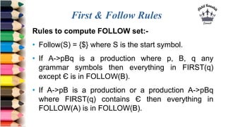 First & Follow Rules
Rules to compute FOLLOW set:-
• Follow(S) = {$} where S is the start symbol.
• If A->pBq is a production where p, B, q any
grammar symbols then everything in FIRST(q)
except Є is in FOLLOW(B).
• If A->pB is a production or a production A->pBq
where FIRST(q) contains Є then everything in
FOLLOW(A) is in FOLLOW(B).
 