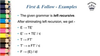 First & Follow - Examples
• The given grammar is left recursive.
After eliminating left recursion, we get -
• E → TE’
• E’ → + TE’ / ∈
• T → FT’
• T’ → x FT’ / ∈
• F → (E) / id
 