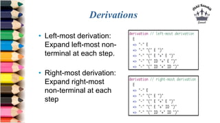 Derivations
• Left-most derivation:
Expand left-most non-
terminal at each step.
• Right-most derivation:
Expand right-mos...