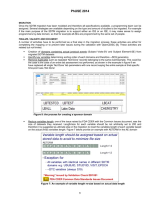 PhUSE 2014 
MIGRATION 
Once the SDTM migration has been modeled and therefore all specifications available, a programming team can be assigned. Several strategies are available depending on the type and amount of studies to be migrated. For example if the main purpose of the SDTM migration is to support either an ISS or an ISE, it may make sense to assign programmers by data domain, so that for example all AEs are programmed by the same set of people. 
FINALIZE, VALIDATE AND DOCUMENT 
A number of activities have to be performed as a final step in the migration process; these activities are either for completing the mapping or to prevent later issues during the validation with OpenCDISC [9]. These activities are related but not limited: 
 Creation of domains containing actual protocol events (Subject Visits-SV and Subject Element-SE) from migrated SDTM datasets 
 Identify key variables determining sorting order of each domains and therefore --SEQ generation 
 Remove duplicates such as repeated ‘Not Done’ records belonging to the same event/sample. This could be the case is the case of an entire lab assessment not performed; as shown in the example in figure 6 we have replaced all single ‘Not Done’ lab parameters with one record saying the entire sample at that specific time-point was ‘Not Done’ 
Figure 6: the process for creating a sponsor domain 
 Reduce variables length: one of the issue raised by FDA CDER with the Common Issues document, was the size of datasets they received. Length/size for each variable should be not arbitrarily set to 200 and therefore it is suggested as ultimate step in the migration to reset the variables length of each variable based on the actual (final) variables length. Figure 7 below provide an example with AETERM in the AE domain 
Figure 7: An example of variable length re-size based on actual data length 
6 
 