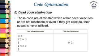 Code Optimization
E) Dead code elimination-
• Those code are eliminated which either never executes
or are not reachable o...