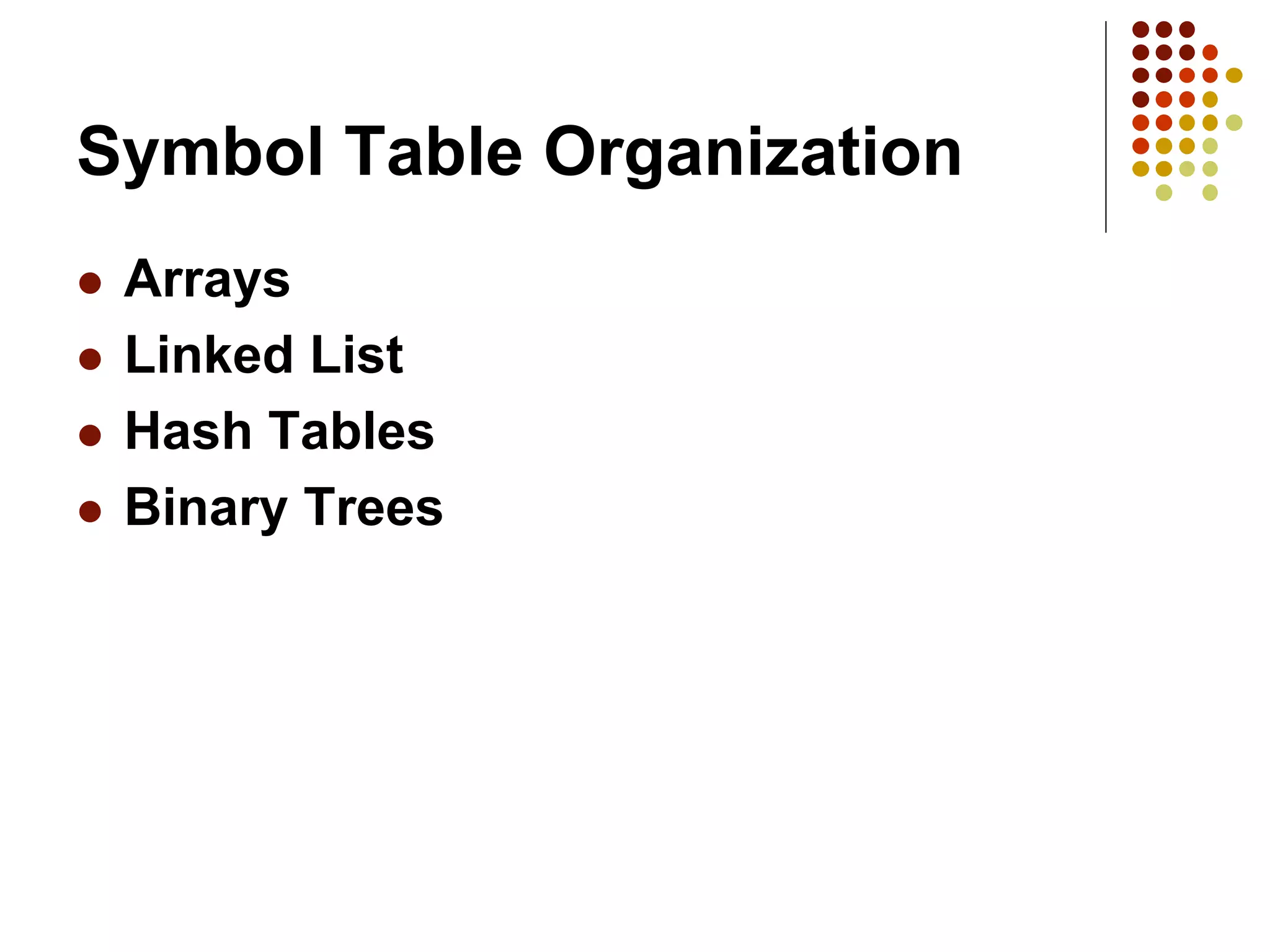 Symbol Table Organization
 Arrays
 Linked List
 Hash Tables
 Binary Trees
 