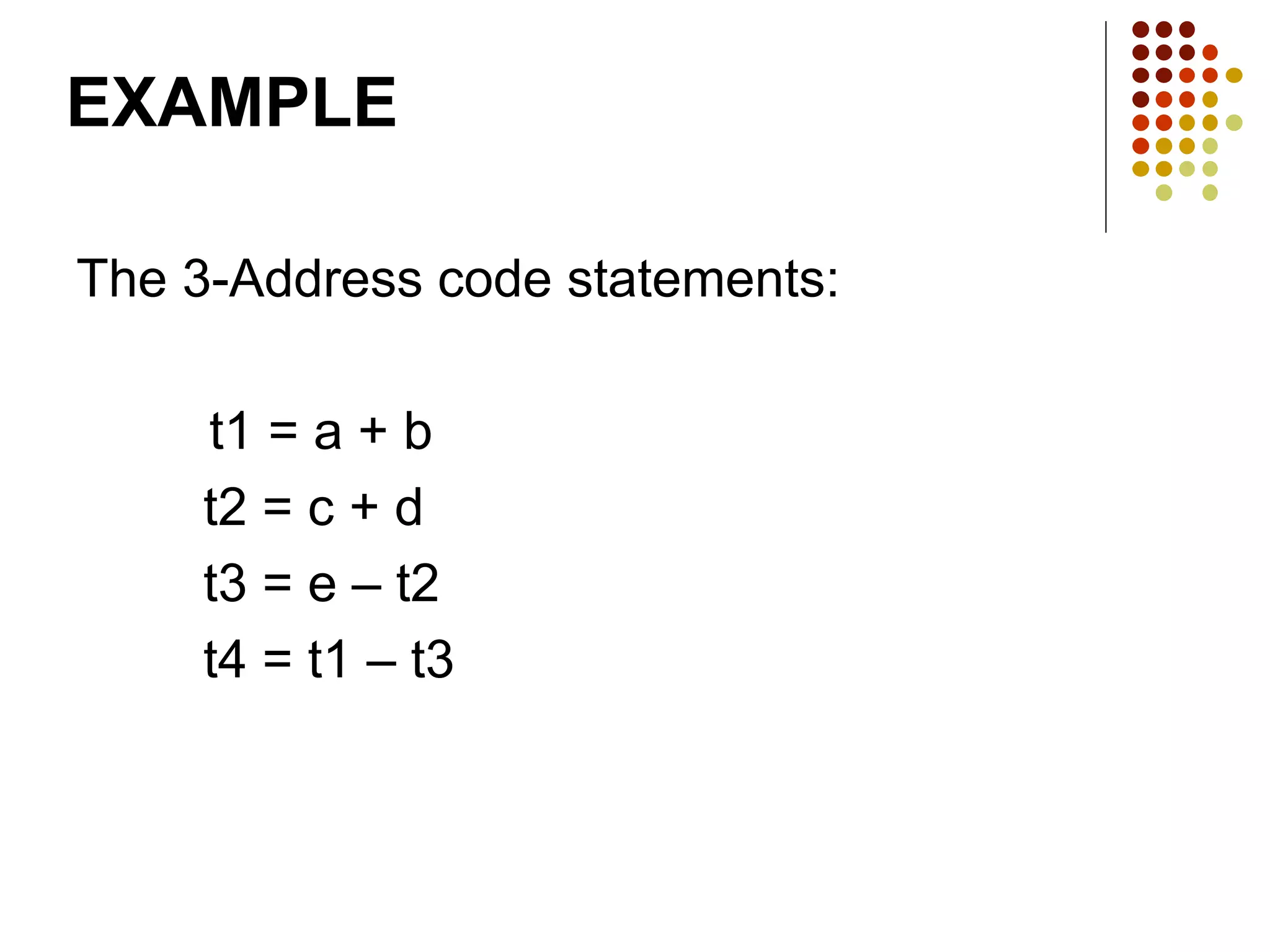 EXAMPLE
The 3-Address code statements:
t1 = a + b
t2 = c + d
t3 = e – t2
t4 = t1 – t3
 
