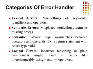 Categories Of Error Handler
■ Lexical Errors: Misspellings of keywords,
identifiers and operators.
■ Syntactic Errors: Misplaced semicolons, extra or
missing braces.
■ Semantic Errors: Type mismatches between
operators and operands. Ex: a return statement with
return type void.
■ Logical Errors: Incorrect reasoning or plain
carelessness might result in errors like
interchangeably using = and == operators.
 