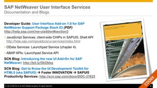 © 2013 SAP AG or an SAP affiliate company. All rights reserved. 20
SAP NetWeaver User Interface Services
Documentation and Blogs
Developer Guide: User Interface Add-on 1.0 for SAP
NetWeaver Support Package Stack 03 (PDF)
http://help.sap.com/nw-uiaddon#section3
 JavaScript Services: client-side CHIPs in SAPUI5, Shell API
http://help.sap.com/javadocs/ui-services/index.html
 OData Services: Launchpad Service (chapter 4)
 ABAP APIs: Launchpad Service API
SCN Blog: Introducing the new UI Add-On for SAP
NetWeaver: http://bit.ly/OkOkkq
SCN Blog: Get to Know the UI Development Toolkit for
HTML5 (aka SAPUI5)  Foster INNOVATION  SAPUI5
Productivity Services: http://scn.sap.com/docs/DOC-31625
 
