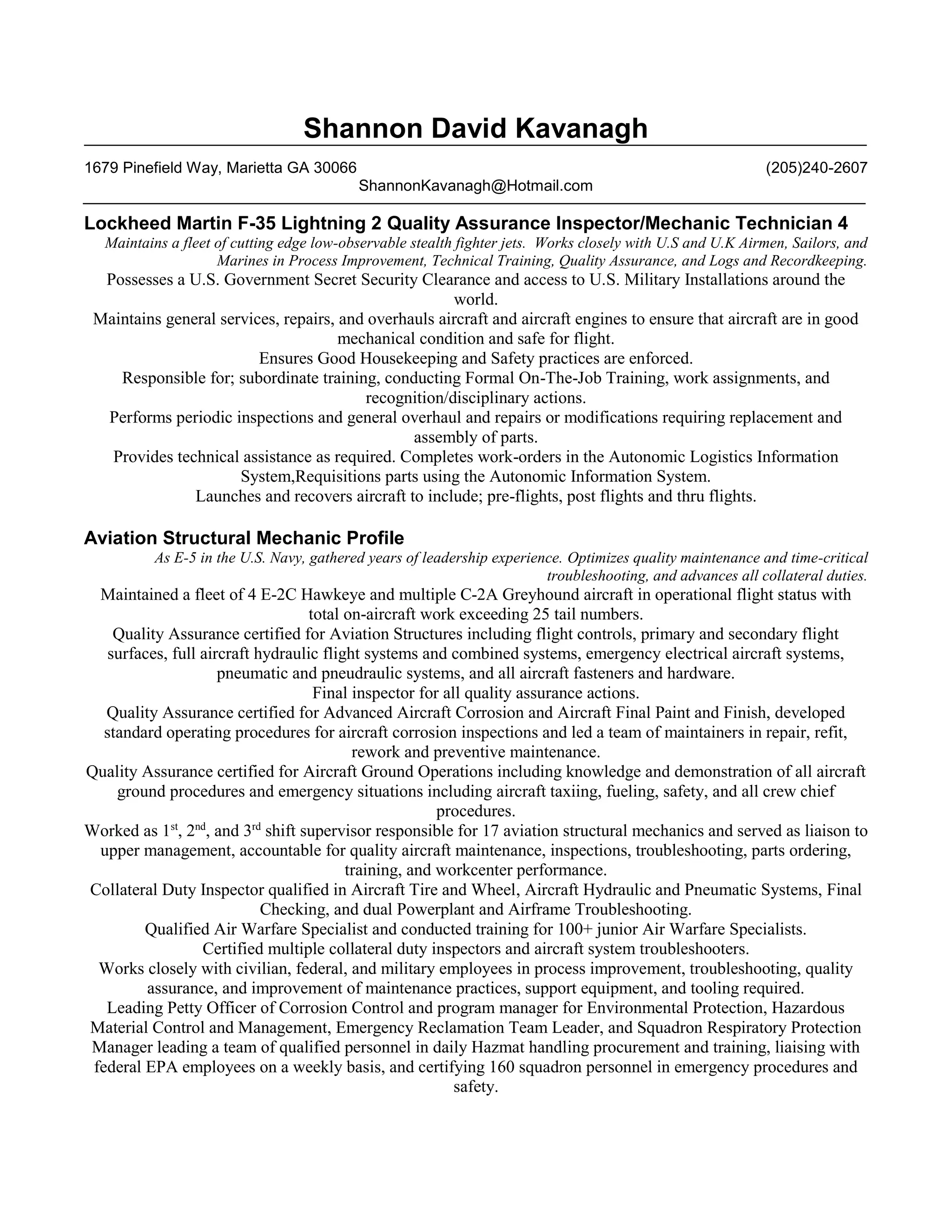 S_Kavanagh_Resume | PDF | Aviation Industry | Industries