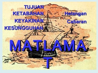 TUJUAN
   KETABAHAN   Halangan
   KEYAKINAN   Cabaran
KESUNGGUHAN



 MATLAMA
    T
 