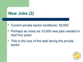 New Jobs (2)
 Current private sector workforce: 30,000
 Perhaps as many as 10,000 new jobs needed in
next five years
 This is the size of the task facing the private
sector
 