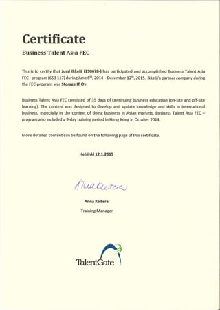 Certificate_Ikkelä Jussi_Business Talent Asia FEC
