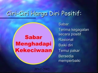 Ciri-Ciri Harga Diri Positif:
                       Sabar
                       Terima kegagalan
                       secara positif
     Sabar             Rasional
   Menghadapi          Baiki diri
   Kekeciwaan          Temui pakar
                       Bersedia
                       memperbaiki

          JPNT-2002.
 