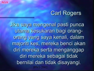 AGA


                             Carl Rogers
      Jika saya mengenal pasti punca
         utama kesukaran bagi orang-
        orang yang saya kenali, dalam
       majoriti kes, mereka benci akan
        diri mereka serta menganggap
            diri mereka sebagai tidak
          bernilai dan tidak disayangi.
                JPNT-2002.
 