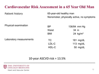 12
Cardiovascular Risk Assessment in a 65 Year Old Man
Patient history
Physical examination
Laboratory measurements
65-year-old healthy man
Nonsmoker, physically active, no symptoms
BP 136/84 mm Hg
Waist 34 in
BMI 24 kg/m2
TC 181 mg/dL
LDL-C 113 mg/dL
HDL-C 50 mg/dL
10-year ASCVD risk = 13.5%
 