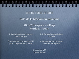 ENTRE TERRE ET MER

             Rôle de la Maison du tourisme

                 50 m2 d’espace / village
                     Morlaix + Léon
1. Coordination de l’espace        2. Information touristique
       Stand + expo                         Accueil

3. Animations Partenaires MT       4. Mutualisation de stands
  Jeux / dégustations / infos         / Petites entreprises


                           5. Location VTT
                            Espace Rando
 