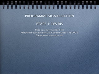 PROGRAMME SIGNALISATION

            ÉTAPE 1: LES RIS
             Mise en oeuvre avant l’été
Maîtrise d’ouvrage Morlaix Communauté / 55 000 €
             Élaboration des faces «B»
 