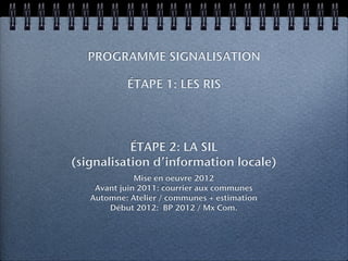 PROGRAMME SIGNALISATION

           ÉTAPE 1: LES RIS




           ÉTAPE 2: LA SIL
(signalisation d’information locale)
              Mise en oeuvre 2012
    Avant juin 2011: courrier aux communes
   Automne: Atelier / communes + estimation
       Début 2012: BP 2012 / Mx Com.
 
