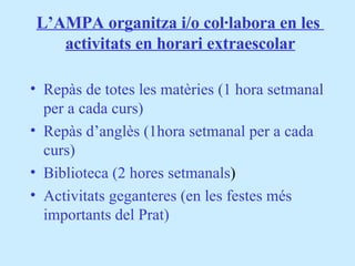 L’AMPA organitza i/o col·labora en les  activitats en horari extraescolar Repàs de totes les matèries (1 hora setmanal per a cada curs) Repàs d’anglès (1hora setmanal per a cada curs) Biblioteca (2 hores setmanals ) Activitats geganteres (en les festes més importants del Prat) 