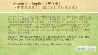 Absent but Implicitǥ
ڤǤ뤬ʾƤΣ
ޥ?ۥ磻ȤϡνUYαˤơF줿UYȡǰ
˳ƤF롹Ǥζ뤨줿Ʊǌ
ȤʤνUYRe뤿ˡڤǤ뤬ʾƤ
absent but implicitȤZʹäίĤʻԒˤơ
}Υȩ``򳬤ƴڤ뤽Υȩ``{ˤ뤿ˡ
ΡڤǤ뤬ʾƤΣabsent but implicitθ
äΤǤ롣
Implicit פԤ蘆ˡζ줿, Ԥ鷺Z餺, a
, aʾ (opp. Explicit); Ǳڵ[Ȼ]˺ޤ줿, ڤ
(The Absent but Implicit: A Map to SupportTherapeutic Enquiry)
 