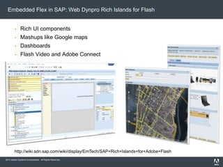 2010 Adobe Systems Incorporated. All Rights Reserved.
Embedded Flex in SAP: Web Dynpro Rich Islands for Flash
 Rich UI co...