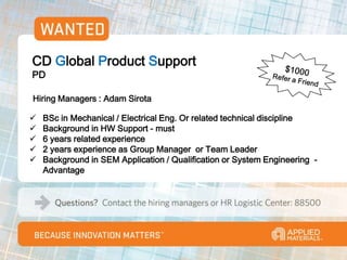 CD Global Product Support
PD

Hiring Managers : Adam Sirota

   BSc in Mechanical / Electrical Eng. Or related technical discipline
   Background in HW Support - must
   6 years related experience
   2 years experience as Group Manager or Team Leader
   Background in SEM Application / Qualification or System Engineering -
    Advantage
 