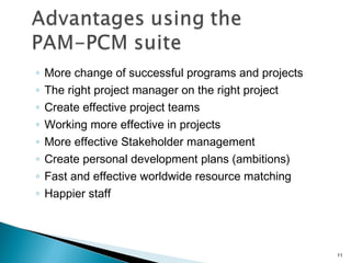 ◦ More change of successful programs and projects
◦ The right project manager on the right project
◦ Create effective project teams
◦ Working more effective in projects
◦ More effective Stakeholder management
◦ Create personal development plans (ambitions)
◦ Fast and effective worldwide resource matching
◦ Happier staff
11
 