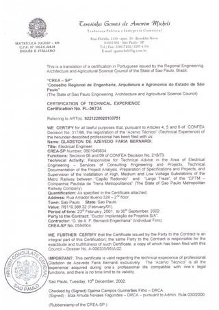 Certificate of Technical Experience issued by CREA - Subway Project