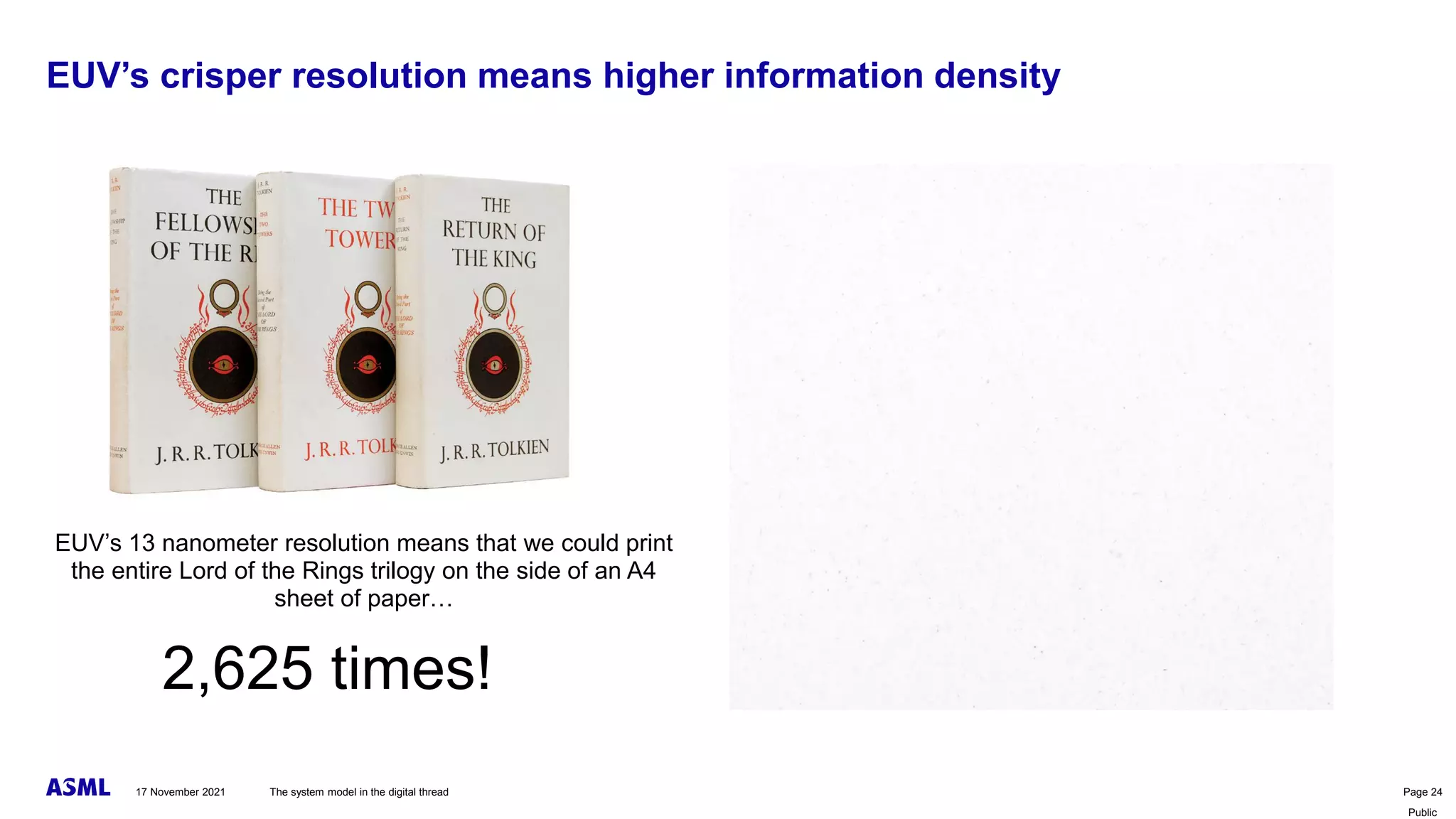 Public
EUV’s 13 nanometer resolution means that we could print
the entire Lord of the Rings trilogy on the side of an A4
sheet of paper…
EUV’s crisper resolution means higher information density
2,625 times!
The system model in the digital thread Page 24
17 November 2021
 