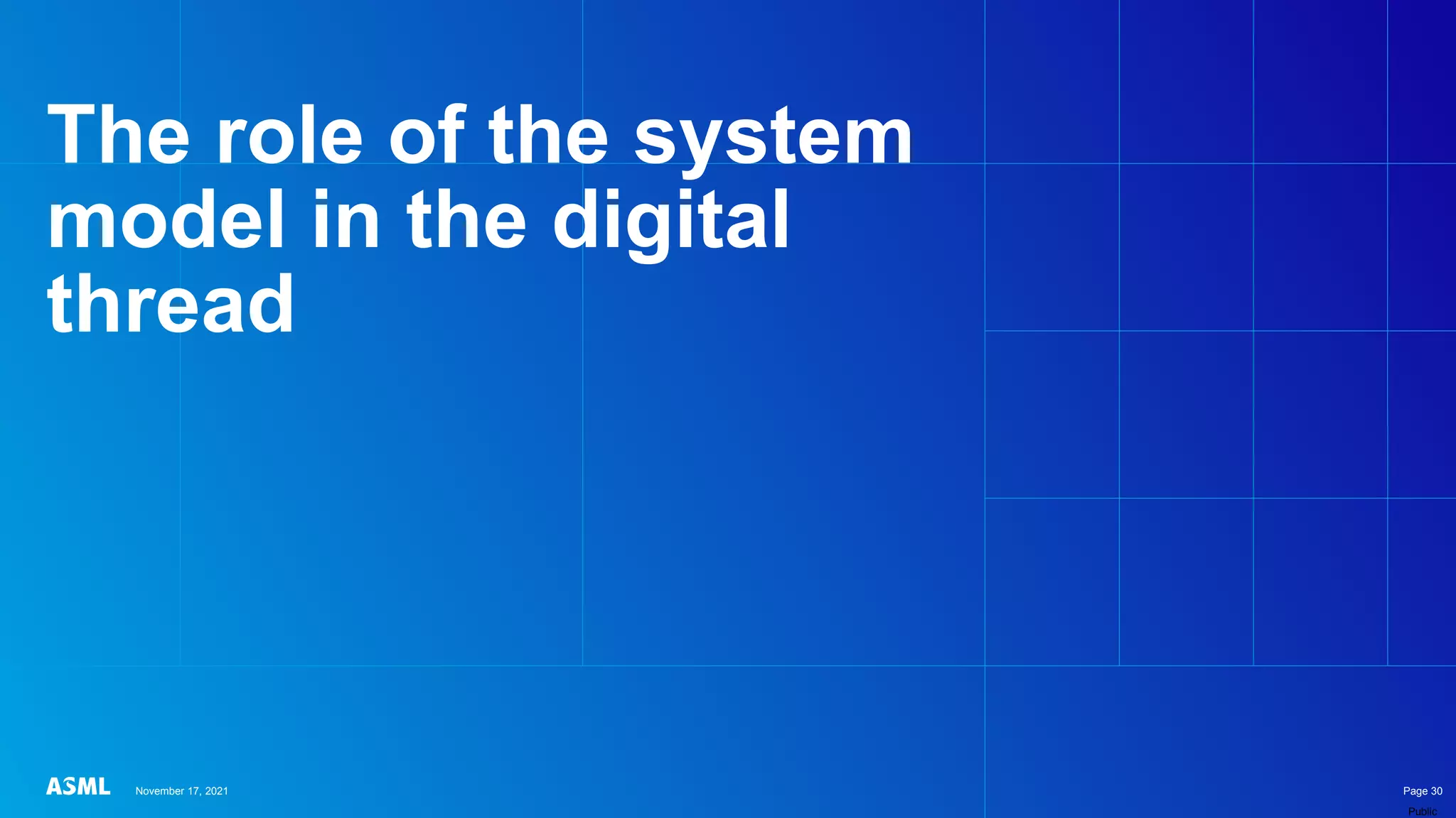Public
The role of the system
model in the digital
thread
November 17, 2021 Page 30
 