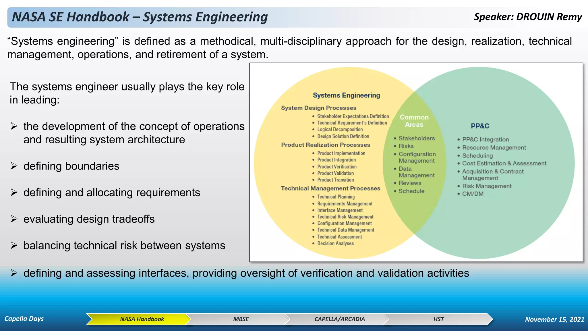 NASA SE Handbook – Systems Engineering Speaker: DROUIN Remy
NASA Handbook MBSE CAPELLA/ARCADIA HST
The systems engineer usually plays the key role
in leading:
➢ the development of the concept of operations
and resulting system architecture
➢ defining boundaries
➢ defining and allocating requirements
➢ evaluating design tradeoffs
➢ balancing technical risk between systems
“Systems engineering” is defined as a methodical, multi-disciplinary approach for the design, realization, technical
management, operations, and retirement of a system.
➢ defining and assessing interfaces, providing oversight of verification and validation activities
Capella Days November 15, 2021
 
