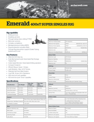 archerwell.com
Emerald 400sT SUPER SINGLES RIG
Rigcapability
•	 Drilling services
•	 Snubbing services
•	 Through tubing rotary drilling (TTRD)
•	 Work-over services
•	 Complex completions
•	 Managed-pressure drilling (MPD)
•	 Plug-and-abandon activities (P&A)
	 Through Rig Intervention support (Coiled Tubing,
	 Sickline and E-Line)
KeyFeatures
•	 DNV-OS-E-101 Class rig
•	 Fully Mechanised & part Automated Rig Package
	 “Hands Free”
•	 Cyber based Remote / Automated Drilling operation
•	 Compact Footprint
•	 Efficient Rig-up / down - 14 days
•	 Light Modules - Max. Lift 12 Tonnes
•	 Patented Self Erect Mast System
•	 Low POB - 16 per 24 hr Operations
•	 400 short ton pull capability
•	 100 short ton push “Snub” capability
Specifications
Classification Dry Weight
Max. Wet
Weight
2.2 SG Fluid
Max. Wet+
Max.
Hookload
Basic Rig Packages 444 MTe 466 MTe 828 MTe
Active Mud System 379 MTe 610 MTe
Power Generation 238 MTe 244 MTe
Combined Package 1,061 MTe 1,320 MTe 1,664 MTe
General
Model Rack & Pinion Super Singles Modular Drilling Unit
Substructure / Skid Beam Footprint 6m x 6m x 10m / 16m x 6m x 1.2m
Dry Weight (Complete) 1,302 MTe
Mast
Maximum Working Load 400 sT
Mast Height 28 metres
Free Working Height 19 metres
Operating Singles Range III (45 ft)
Utility Winch 4Te SWL
Top-Drive System
Maximum Hoisting Speed 45 metres/min
Maximum Pull Capacity 400sT (800,000 lbs / 362 mT)
Maximum Push Capacity 100sT (200,000 lbs / 90 mT)
Maximum Torque 85,000 Nm (62,692 ft/lbs)
Maximum rpm. 190
Maximum Circulating Pressure 5,000 psi (345 Bar G)
Rotary Table
Maximum Load 370 Tonnes
Maximum Opening 37.5 inches
Maximum Torque 45,000 Nm (33,190 ft/lbs)
Maximum rpm. 10
UniTong
Torque Capacity 150,000 ft/lbs
Tubular Range 2-3/8” to 20”
Powerslips
Model PS 21
Tubular Range 2-7/8” to 14”
Maximum vertical load 350 Ton
Reactive Torque 45,000 ft/lbs @ 14” Diameter Tubing
Cathead
Model BX 24
Maximum Line Pull 25,000 lbs
Maximum Breakout Torque 100,000 ft/lbs on 4ft Tong
Samson Post 2.5m high complete with adjustable rollers and
S.W.L. of 120,000 ft/lbs
Driller’s Cabin
Controls 2 x Fully Redundant Drilling Operating chairs
1 x Drilling Monitor Display Desk
CCTV Station, Data Acquisition System,
BOP & C&K Panel, F&G Display Panels
Cherry Picker Crane
Maximum Reach 12.4 metres
Personnel Basket Yes
Certified Lifting Hook Yes
Maximum Lift Capacity 1.2 Tonnes @ 12.4 metre Radius
Maximum Lift Capacity 8 Tonnes Minimum Radius
 