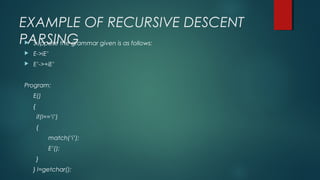 EXAMPLE OF RECURSIVE DESCENT
PARSING Suppose the grammar given is as follows:
 E->iE’
 E’->+iE’
Program:
E()
{
if(l==‘i’)
{
match(‘i’);
E’();
}
} l=getchar();
 