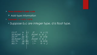  More detailed 3-addr code
 Add type information
 Example a := b*c + b*d
 Suppose b,c are integer type, d is float type.
(1) ( I* b c ) (I* b c t1)
(2) (FLOAT b _ ) (FLOAT b t2 _)
(3) ( F* (2) d ) (F* t2 d t3)
(4) (FLOAT (1) _ ) (FLOAT t1 t4 _)
(5) ( *f+ (4) (3)) ( F+ t4 t3 t5)
(6) ( := (5) a ) ( := t5 a _)
 