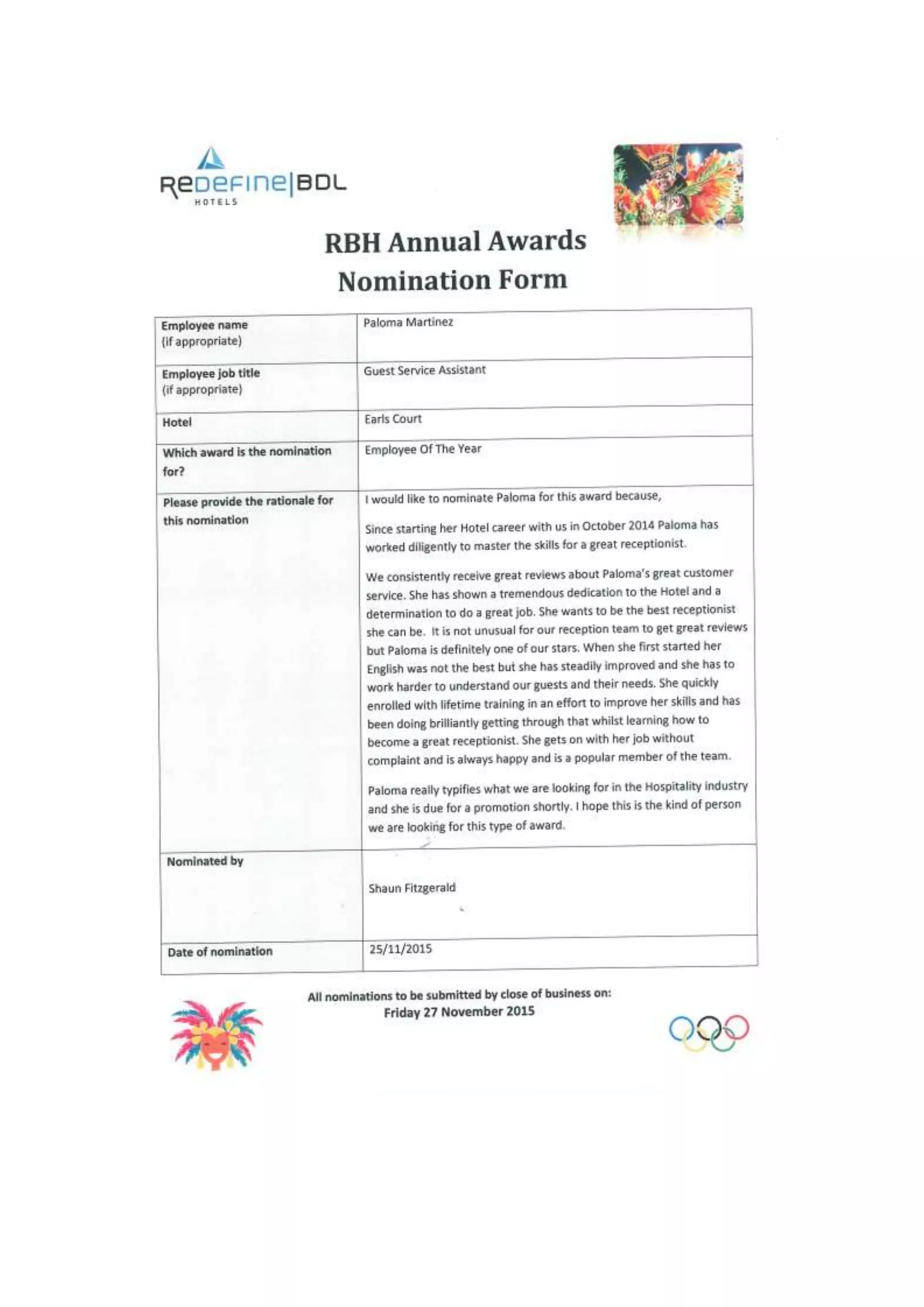 employee of the year nomination | DOCX