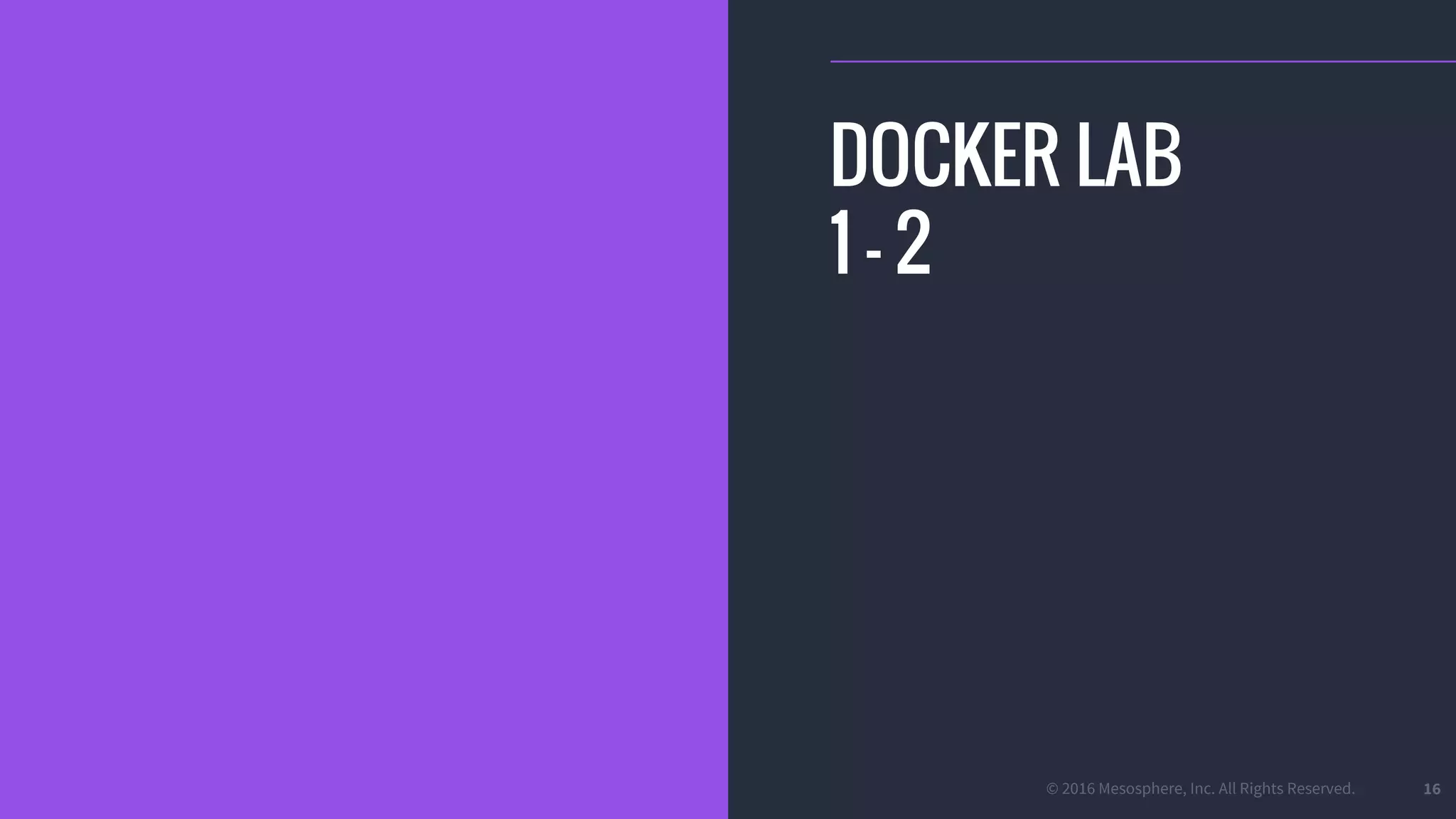 © 2016 Mesosphere, Inc. All Rights Reserved. 16
DOCKER LAB
1 - 2
 