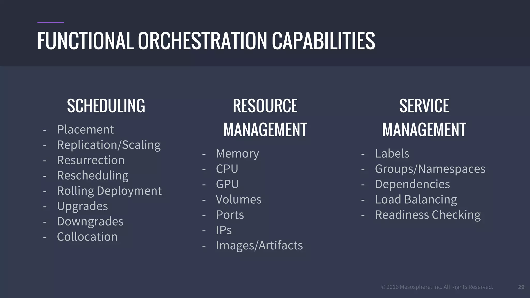 © 2016 Mesosphere, Inc. All Rights Reserved. 29
SCHEDULING
- Placement
- Replication/Scaling
- Resurrection
- Rescheduling
- Rolling Deployment
- Upgrades
- Downgrades
- Collocation
RESOURCE
MANAGEMENT
- Memory
- CPU
- GPU
- Volumes
- Ports
- IPs
- Images/Artifacts
SERVICE
MANAGEMENT
- Labels
- Groups/Namespaces
- Dependencies
- Load Balancing
- Readiness Checking
FUNCTIONAL ORCHESTRATION CAPABILITIES
 