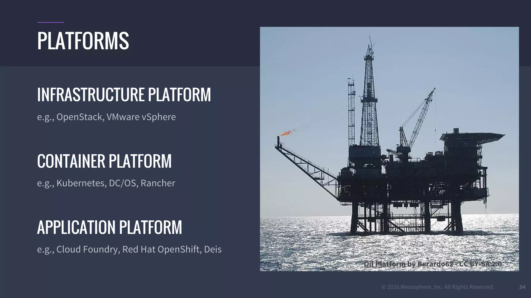 © 2016 Mesosphere, Inc. All Rights Reserved.
INFRASTRUCTURE PLATFORM
e.g., OpenStack, VMware vSphere
CONTAINER PLATFORM
e.g., Kubernetes, DC/OS, Rancher
APPLICATION PLATFORM
e.g., Cloud Foundry, Red Hat OpenShift, Deis
34
PLATFORMS
Oil Platform by Berardo62 - CC BY-SA 2.0
 