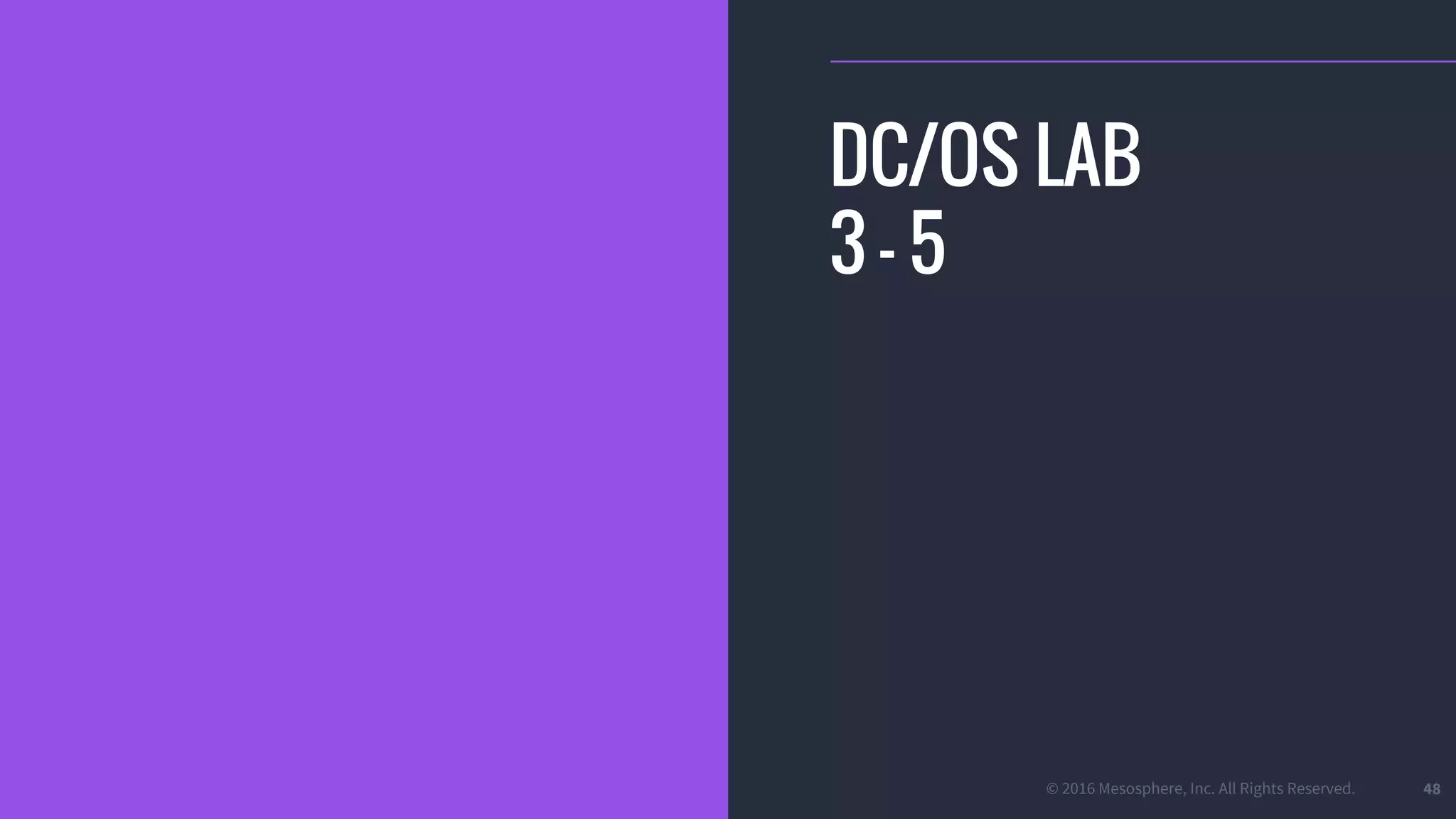© 2016 Mesosphere, Inc. All Rights Reserved. 48
DC/OS LAB
3 - 5
 