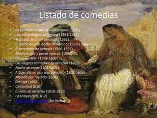 Listado de comedias
• La comedia de las equivocaciones (1591)
• Los dos hidalgos de Verona (1591-1592)
• Trabajos de amor perdidos (1592)
• El sueño de una noche de verano (1595-1596)
• El mercader de Venecia (1596-1597)
• Mucho ruido y pocas nueces (1598)
• Como gustéis (1599-1600)
• Las alegres comadres de Windsor (1601)
• Noche de reyes(1601-1602)
• A buen fin no hay mal principio (1602-1603)
• Medida por medida (1604)
• Pericles (1607)
• Cimbelino(1610)
• Cuento de invierno (1610-1611)
• La tempestad(1612)
• La fierecilla domada (Sin fecha)
 