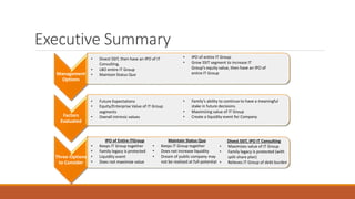 Executive Summary
Management
Options
Factors
Evaluated
Three-Options
to Consider
• Divest SSIT, then have an IPO of IT
Consulting.
• LBO entire IT Group
• Maintain Status Quo
• IPO of entire IT Group
• Grow SSIT segment to increase IT
Group’s equity value, then have an IPO of
entire IT Group
• Future Expectations
• Equity/Enterprise Value of IT Group
segments
• Overall intrinsic values
• Family’s ability to continue to have a meaningful
stake in future decisions.
• Maximizing value of IT Group
• Create a liquidity event for Company
IPO of Entire ITGroup
• Keeps IT Group together
• Family legacy is protected
• Liquidity event
• Does not maximize value
Divest SSIT, IPO IT Consulting
• Maximizes value of IT Group
• Family legacy is protected (with
split-share plan)
• Relieves IT Group of debt burden
Maintain Status Quo
• Keeps IT Group together
• Does not increase liquidity
• Dream of public company may
not be realized at full-potential
 