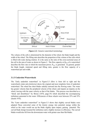 28
Figure-3.2: Generic waterwheel terminology
The volume of the cells is determined by the diameter of the wheel, the blade length and the
width of the wheel. The filling ratio describes the proportion of the volume of the cells which
is filled with water during rotation. It is the same as the ratio of the cross-sectional areas of
the cell to the area of water as shown in Figure-2. The flow capacity or Qmax of a waterwheel
describes the flow rate at which the maximum power, Pmax is generated. In general, greater
the blade length, rotational speed and filling ratio, greater is the flow capacity of a
waterwheel per unit width.
3.1.3 Undershot Waterwheels
The `Early undershot waterwheel’ in Figure-3.3 (flow is from left to right and the
waterwheels rotate anti-clockwise) shows the original and most simplistic form of undershot
waterwheel. The wheel has short blades radially outward into the flowing water. The water
has greater velocity than the peripheral velocity of the wheel, and imparts an impulse on the
wheel, leaving with the same velocity as that of the blades. This process was described as a
“shock and disturbance” by Bresse (1876, page.19) which described the accompanying
turbulence generated in the water. Efficiencies of these wheels were between 25% and 35%
(Smith 1976).
The “Later undershot waterwheel” in Figure-3.3 shows that slightly curved blades were
adopted. These converted some of the kinetic energy into potential energy within the
wheel as the water would run up the blade slightly upon impact, gaining potential. The
curved blade design lessened the turbulence and a slightly increase in efficiency. The curved
blades would also lift from the downstream water with greater ease than flat blades.
 