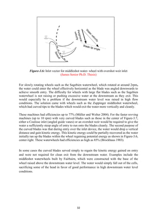 32
Figure-3.6: Inlet vector for middleshot water- wheel with overshot weir inlet
(James Senior Ph.D. Thesis)
For slowly rotating wheels such as the Sagebien waterwheel, which rotated at around 2rpm,
the water could enter the wheel effectively horizontal as the blade was angled downwards to
achieve smooth entry. The difficulty for wheels with large flat blades such as the Sagebien
waterwheel is not raising or pushing excessive water at the downstream as they exit. This
would especially be a problem if the downstream water level was raised in high flow
conditions. The solution came with wheels such as the Zuppinger middleshot waterwheel,
which had curved tips to the blades which would exit the water more vertically and cleanly.
These machines had efficiencies up to 77% (Müller and Wolter 2004). For the faster revving
machines (up to 10 rpm) with very curved blades such as those in the center of Figure-3.7,
either a Coulisse inlet (angled guide vanes) or an overshot weir would be required to give the
water a sufficiently steep angle of entry to run onto the blades cleanly. The second purpose of
the curved blades was that during entry over the inlet device, the water would drop a vertical
distance and gain kinetic energy. This kinetic energy could be partially recovered as the water
initially ran up the blades within the wheel regaining potential energy as shown in Figure-3.6,
center right. These waterwheels had efficiencies as high as 85% (Brockhaus 1903).
In some cases the curved blades served simply to regain the kinetic energy gained on entry
and were not required for clean exit from the downstream water. Examples include the
middleshot waterwheels built by Fairbairn, which were constructed with the base of the
wheel raised above the downstream water level. The water would simply fall out of the cells,
sacrificing some of the head in favor of good performance in high downstream water level
conditions.
 