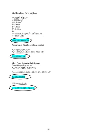 68
6.2.3 Resultant Force on Blade
F= g [d1
2
-d2
2
]/2.W
=1000 kg/m3
g= 9.81 m/s2
d1=3.83 m
d2=1.50 m
W= 1.54 m
So,
F = 1000x 9.81x [3.832
-1.252
]/2 x1.54
F = 48,694.8 N
Force = F= 48.694 kN
Power Input (Ideally available on site)
Pin = g (d1-d2) v1 d1 W
Pin = 1000x 9.81x 1.58x 1.86x 3.83x 1.54
Pin = 170.042 kW
6.2.4 Power Output at Full flow rate
Power Output is given by:
Pout=F.v1= g [d1
2
-d2
2
]/2.W.v1
Pout = 48,694.8x1.86 W = 92,572 W = 92.571 kW
Pout = 92.571 kW
Efficiency = Pout/Pin
= 90.57/170.042 = 54.40 %
 