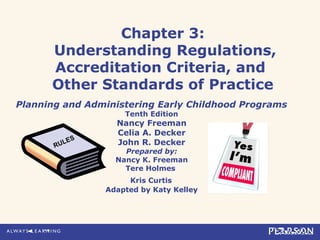 Chapter 3:
Understanding Regulations,
Accreditation Criteria, and
Other Standards of Practice
Planning and Administering Early Childhood Programs
Tenth Edition
Nancy Freeman
Celia A. Decker
John R. Decker
Prepared by:
Nancy K. Freeman
Tere Holmes
Kris Curtis
Adapted by Katy Kelley
 