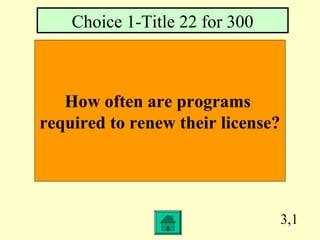 3,1
How often are programs
required to renew their license?
Choice 1-Title 22 for 300
 